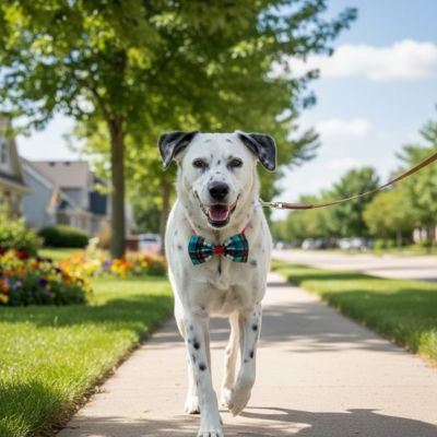 Dalmatien en laisse sur un trottoir avec un collier pour chien noeud papillon écossais bleu.
