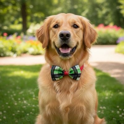 Golden Retriever souriant en extérieur avec un collier pour chien noeud papillon écossais vert.