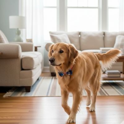 Golden Retriever marchant en intérieur avec un collier pour chien noeud papillon écossais bleu.