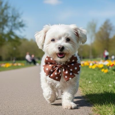 Bichon Maltais marchant sur un chemin de parc arborant un collier pour chien nœud papillon marron.