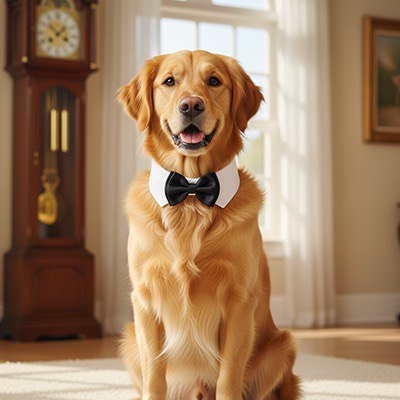 Golden Retriever assis près d'une horloge avec un collier pour chien noeud papillon noir.