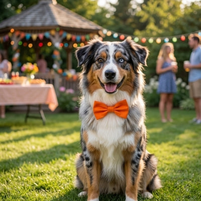 Berger Australien à yeux vairons portant un collier pour chien nœud papillon orange en extérieur.