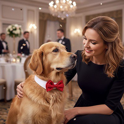 Femme en robe noire caressant un Golden Retriever avec un collier pour chien noeud papillon rouge.