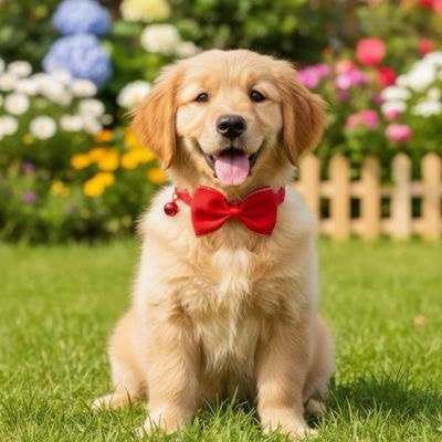 Chiot Golden Retriever assis dans l'herbe portant un collier pour chien noeud papillon rouge.