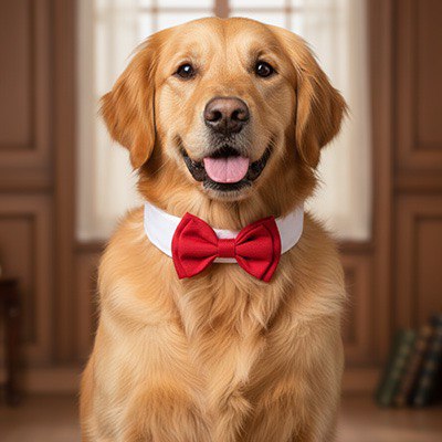 Portrait d'un Golden Retriever portant un élégant collier pour chien noeud papillon rouge.