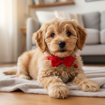 Chiot Labradoodle allongé en intérieur portant un collier pour chien noeud papillon rouge.