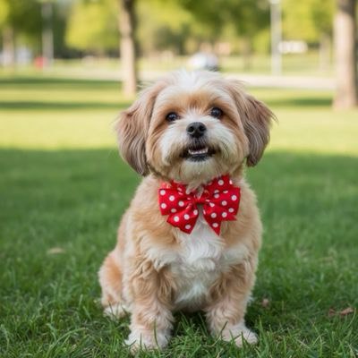 Shih Tzu assis sur la pelouse portant un collier pour chien nœud papillon rouge à pois blancs.