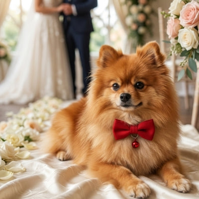 Loulou de Poméranie avec un collier pour chien noeud papillon rouge lors d'un mariage.