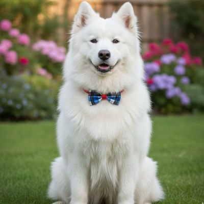 Samoyède blanc assis dans un jardin avec un collier pour chien noeud papillon écossais bleu.