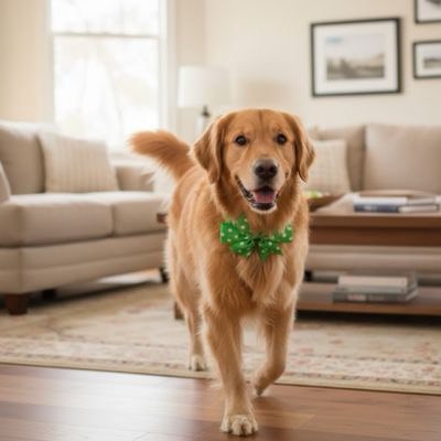 Golden Retriever adulte marchant dans un salon avec un collier pour chien nœud papillon vert à pois.