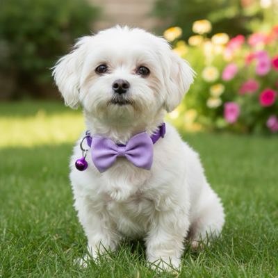 Bichon Maltais assis dans le jardin portant un collier pour chien noeud papillon violet et grelot.