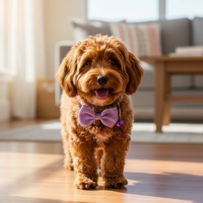 Chien Cavapoo debout dans un salon portant un collier pour chien noeud papillon violet clair.