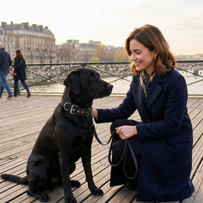 Labrador noir sur un pont à Paris portant un collier pour chien noir assorti.