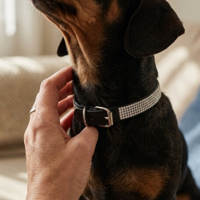 Gros plan sur un Teckel portant un collier pour chien noir avec rangées de strass.