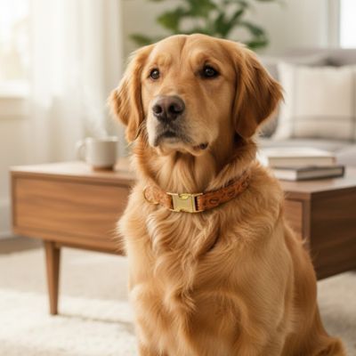 Golden Retriever à l'intérieur, portant un collier pour chien en polyester marron avec un motif décoratif chic. Le tissu synthétique est durable et stylé.