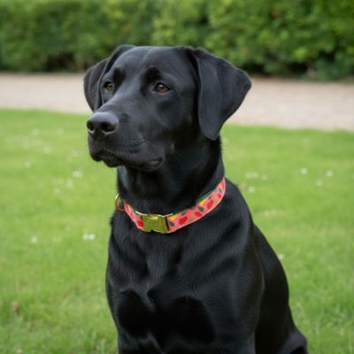 Labrador noir assis dans l'herbe, portant un collier pour chien en polyester durable avec des motifs décoratifs de pastèque rouges. Look naturel et élégant.