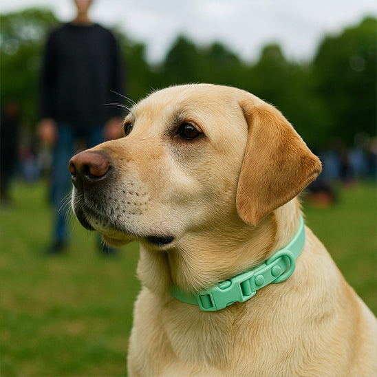 Labrador adulte portant un collier pour chien en PVC vert menthe lors d'une promenade au parc. Collier robuste avec boucle en plastique. Anti-saleté.