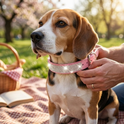 Beagle portant un collier pour chien rose orné de strass lors d'un pique-nique.