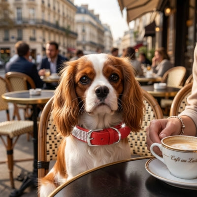 Cavalier King Charles avec un collier pour chien rouge à strass en terrasse.