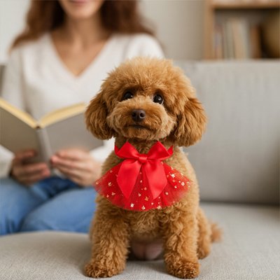 Collier pour chiot : Caniche Toy marron portant une collerette rouge en tulle étoilé avec un grand nœud papillon. Une personne lit en arrière-plan.