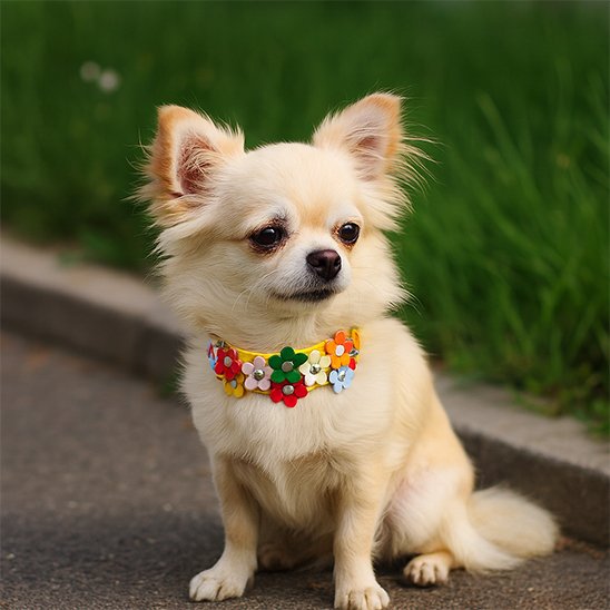 Chihuahua crème assis à l'extérieur dans un décor naturel. Il porte un collier pour chiot jaune en cuir motif fleur très amusant et coloré.