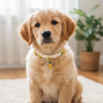 Adorable chiot Golden Retriever portant un collier pour chiot en coton à motif fruit/ananas. Assise tranquillement au salon.