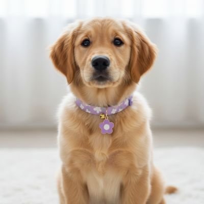 Beau chiot Golden Retriever portant un collier pour chiot en coton à motif fleur mauve. Pendentif fleur. Assise chaleureusement au salon.