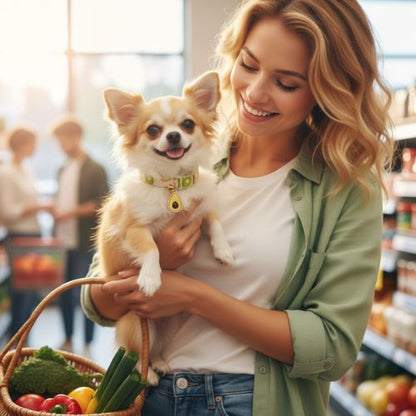 Collier pour chiot en coton réglable, motif avocat, porté par un Chihuahua. Une femme souriante le porte en faisant les courses.