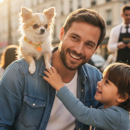 Chiot Chihuahua sur l'épaule d'un homme souriant, près de son fils. Collier pour chiot amusant, motif fruit/orange. Scène naturelle et familiale en terrasse.