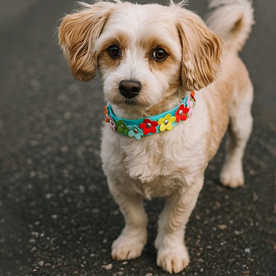 Chiot beige type Cavapoo portant un collier pour chiot en cuir turquoise, motif fleur multicolore et amusant, sur le goudron. Parfait pour une promenade naturelle.