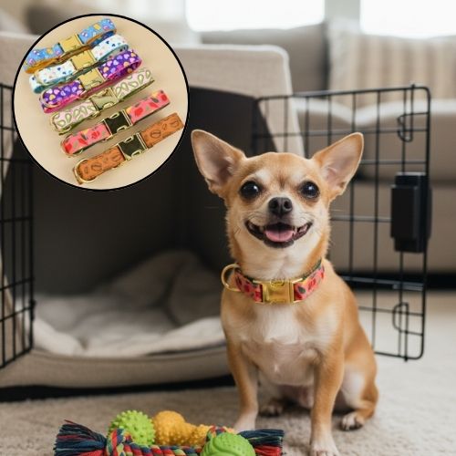 Gros plan sur une sélection de collier pour chiot en polyester à motifs fantaisie (avocat, piment).  Les boucles réglables en métal doré assurent un ajustement facile.