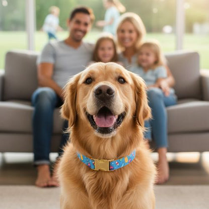Golden Retriever avec un collier pour chiot en polyester à motifs ludiques de glace. Arrière-plan flou d'une famille souriante dans un salon.
