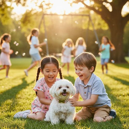 Deux enfants rieurs jouant avec un Maltese portant un collier pour chiot en polyester durable. Ambiance naturelle au parc avec des motifs ludiques.