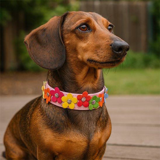 Teckel marron dans un jardin sur une terrasse en bois. Il porte un collier pour chiot rose en cuir, motif fleur coloré et amusant. Moment naturel et heureux.