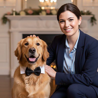 Femme souriante avec un Golden Retriever portant un collier pour chien noeud papillon noir.