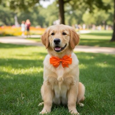 Chiot Golden Retriever assis sur l'herbe portant un collier pour chien nœud papillon orange.