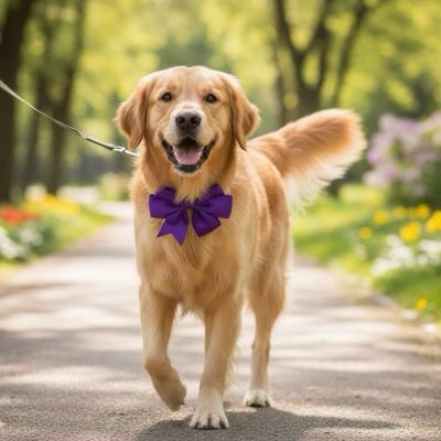 Golden Retriever en laisse marchant sur une allée avec un collier pour chien nœud papillon violet.