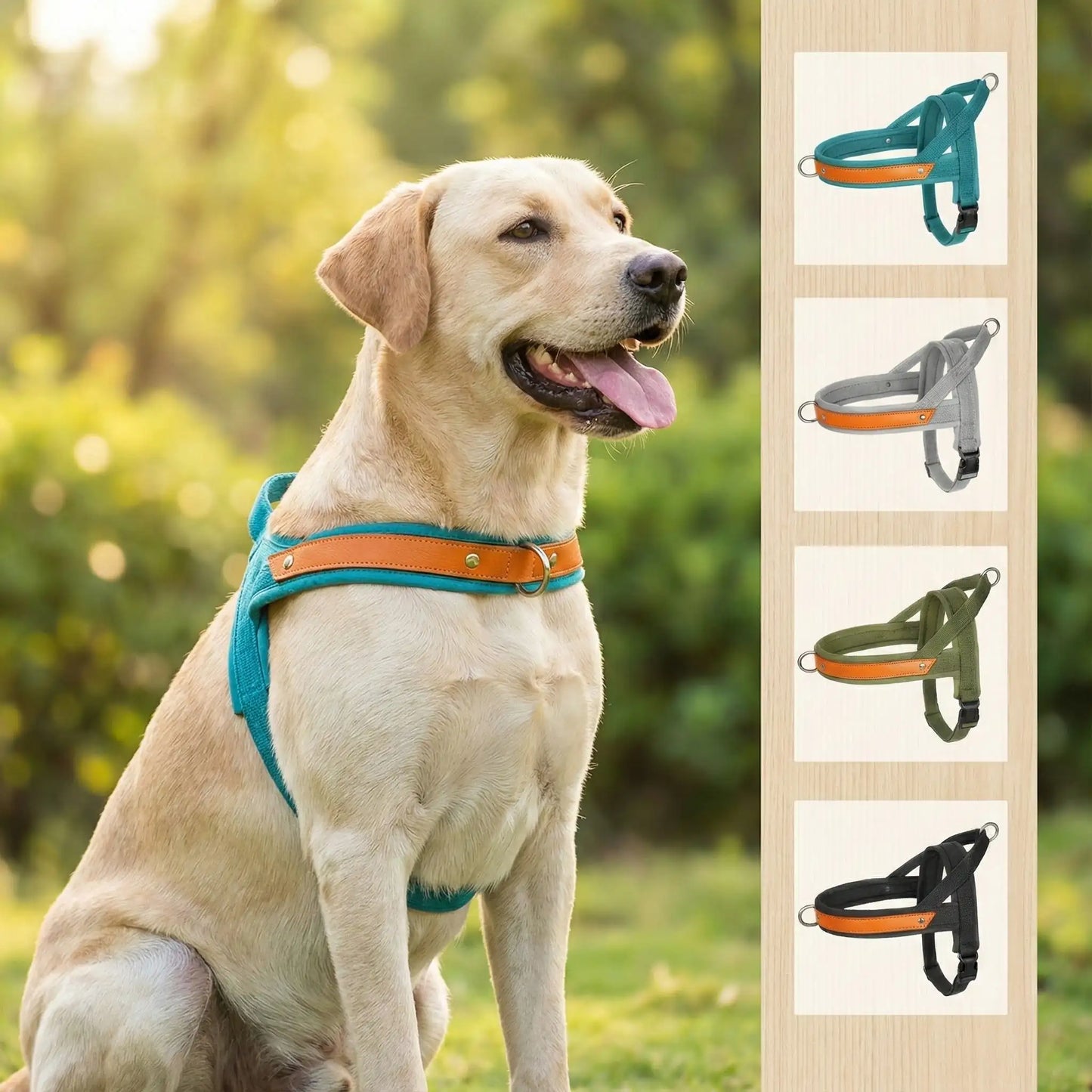 Harnais pour chien décliné en bleu, gris, vert et noir avec empiècement cuir.