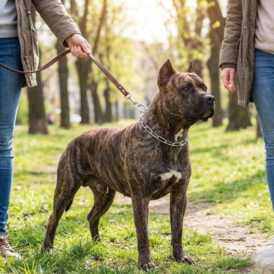 Focus sur un chien de type Pitbull au pelage bringé portant un collier etrangleur chien pour une tenue en laisse sécurisée.