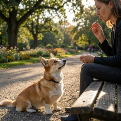 Corgi assis au parc fixant une femme avec un sifflet à ultrason pour chien orange.