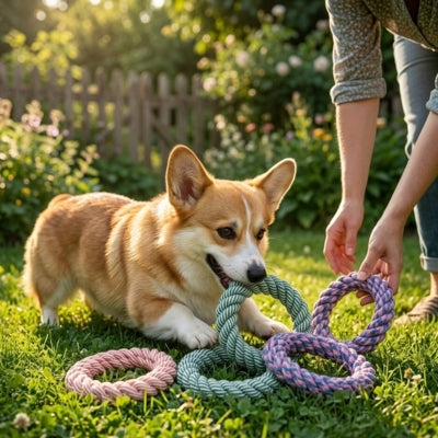 Chien Corgi jouant sur l'herbe avec plusieurs anneaux, jouet pour chien indestructible.