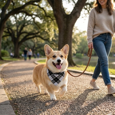 Chien Corgi joyeux portant un bandana pour chien à carreaux, marchant en laisse dans un parc.