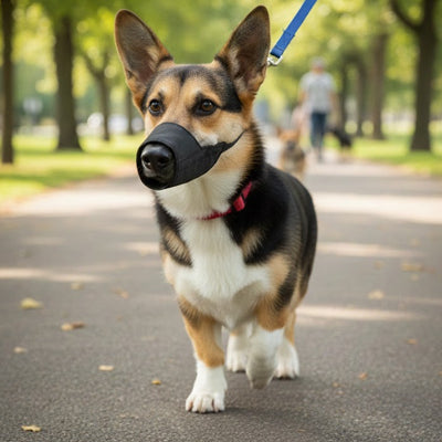 Chien type Corgi marchant sur un chemin avec une muselière pour chien en tissu noir.