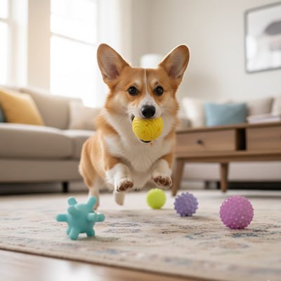 Chien Corgi sautant au-dessus d'un tapis avec une balle pour chien jaune.