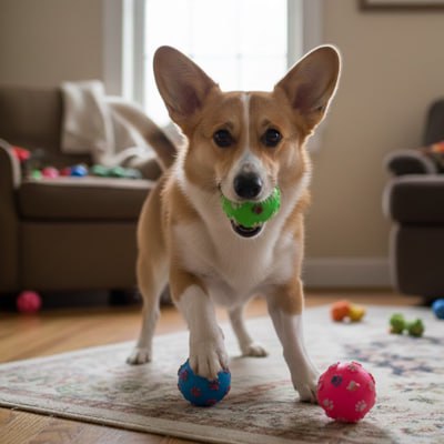 Chien Corgi s'amusant sur un tapis avec une balle pour chien verte et d'autres balles roses.