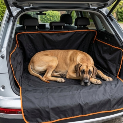 Grand Danois allongé sur un tapis de chien voiture protection dans un coffre.