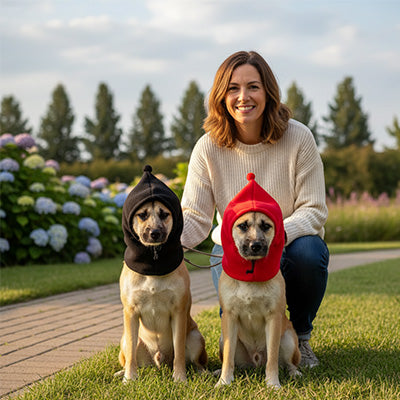 Deux chiens avec un bonnet chien noir et un rouge, assis avec leur maîtresse dans un parc.