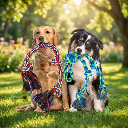 Deux chiens assis dans l'herbe tenant chacun leur jouet indestructible chien coloré