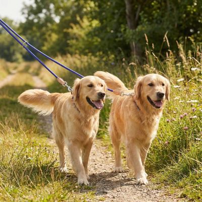 Deux Golden Retrievers gambadant dans les hautes herbes avec une double laisse pour chien bleue.
