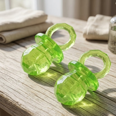 Deux exemplaires du jouet Kong chien vert translucide posés sur une table en bois.